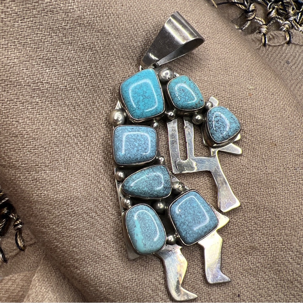 Large sterling silver Kokopelli pendant with turquoise by Navajo artist bea